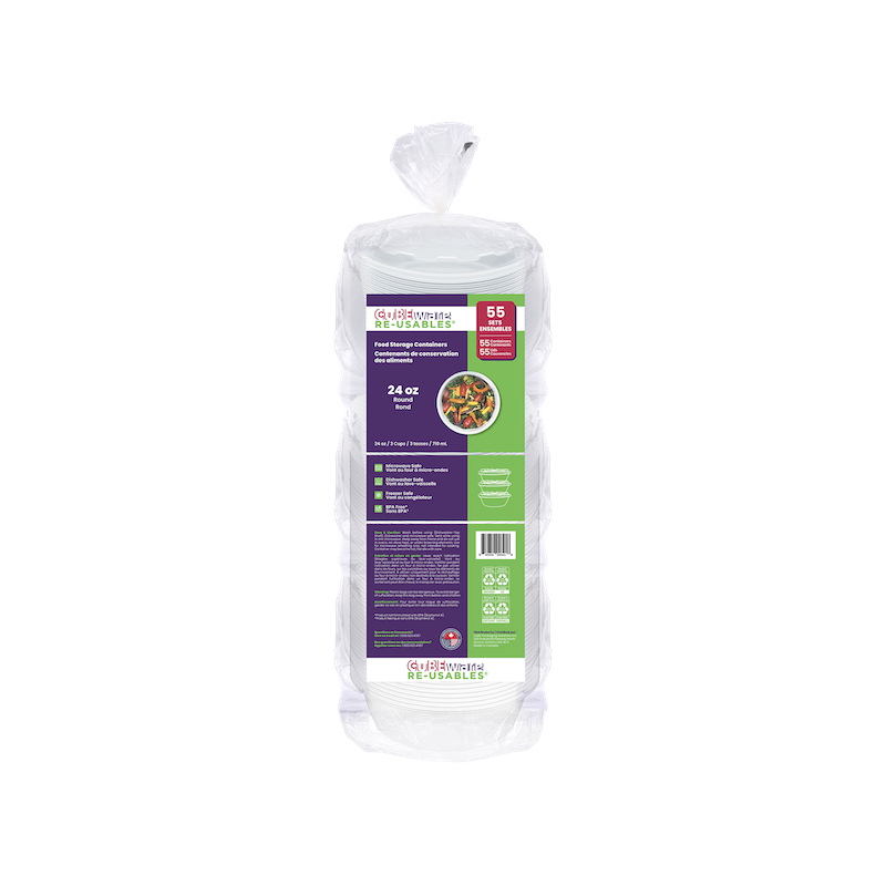 A pack of 55 clear 24oz Round plastic food storage containers with a purple and green label displaying nutritional information and usage details.