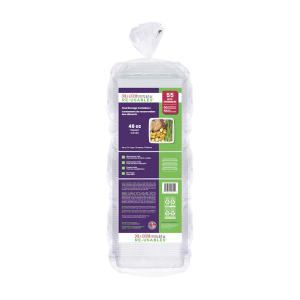 A pack of 55 GladWare 48oz Square reusable food storage containers with lids, packaged in clear plastic and featuring product details and images on the front label.