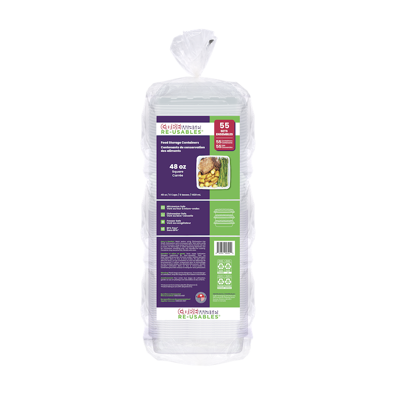 A pack of 55 GladWare 48oz Square reusable food storage containers with lids, packaged in clear plastic and featuring product details and images on the front label.