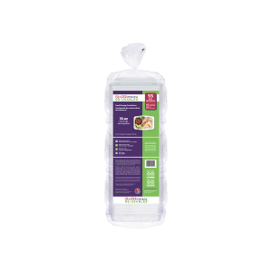 A package of 55 clear, rectangular 16oz plastic bowls with a purple and green label featuring product details and a food photo.