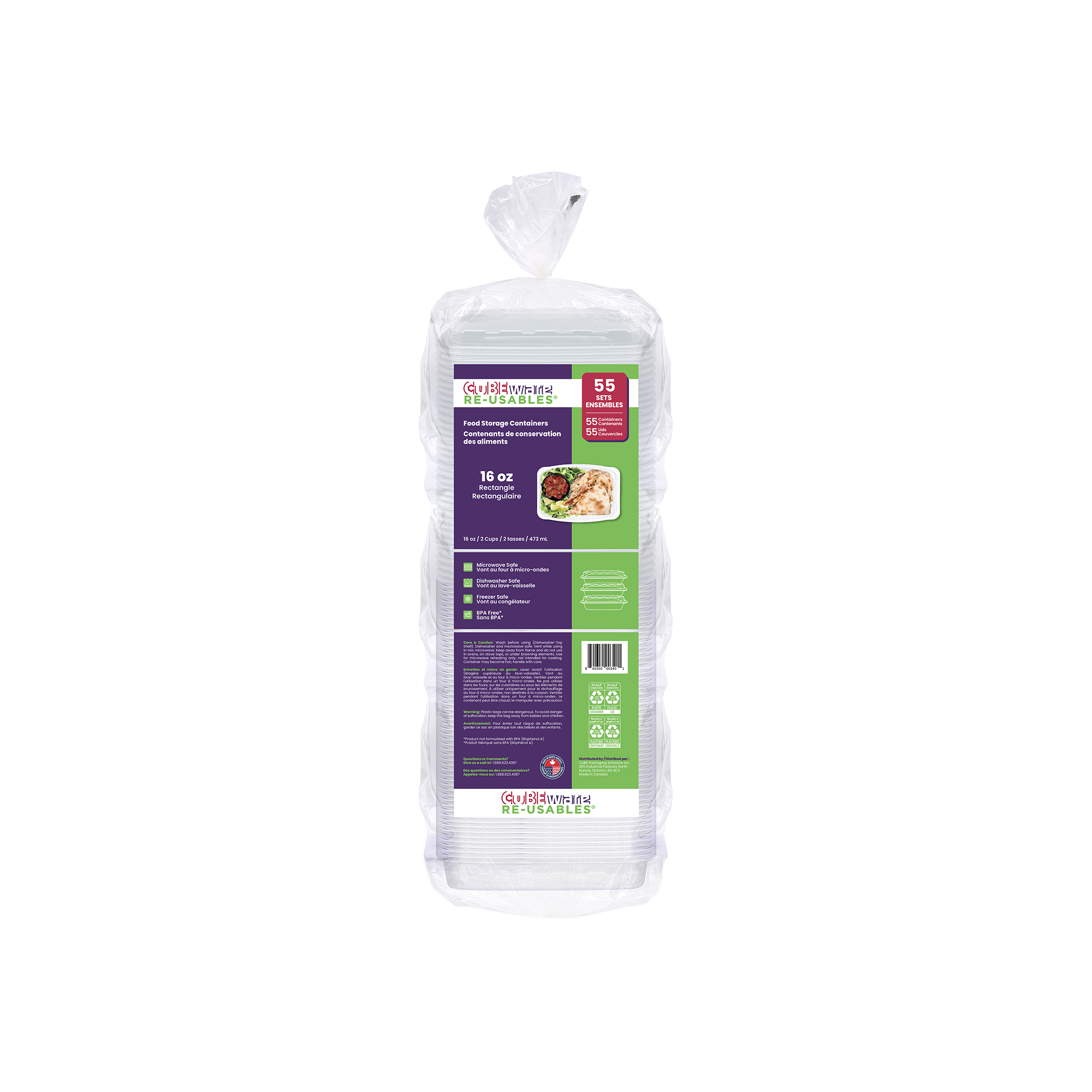 A package of 55 clear, rectangular 16oz plastic bowls with a purple and green label featuring product details and a food photo.