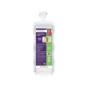 A package of 55 “28oz Rectangle” clear plastic food storage containers with lids, featuring purple and green packaging with product details.