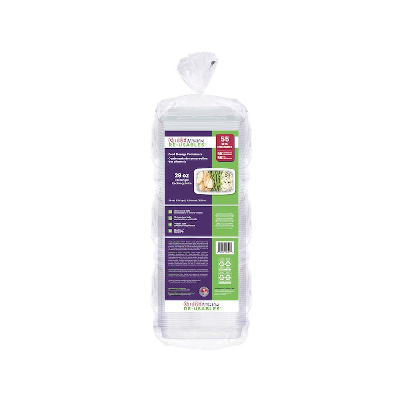 A package of 55 “28oz Rectangle” clear plastic food storage containers with lids, featuring purple and green packaging with product details.