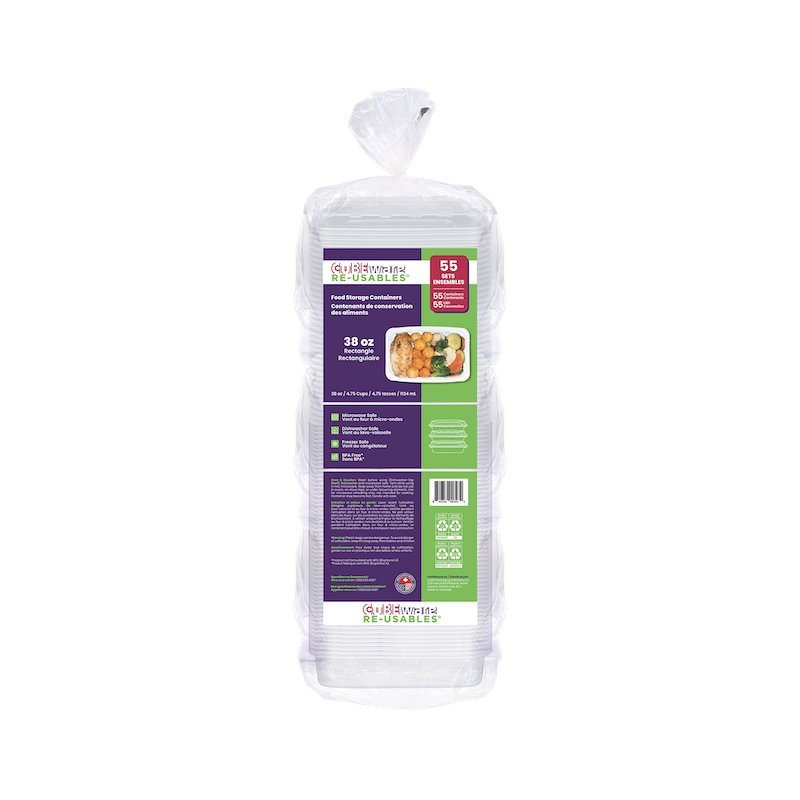 A pack of 55 "38oz Rectangle" clear plastic food storage containers with lids, displayed in clear packaging with product info on the label.