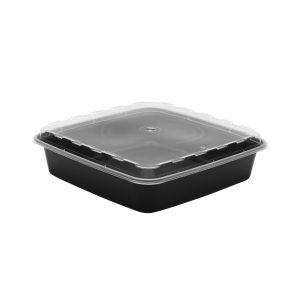 The 48oz Square is a black square plastic food container with a clear lid, displayed on a plain white background.
