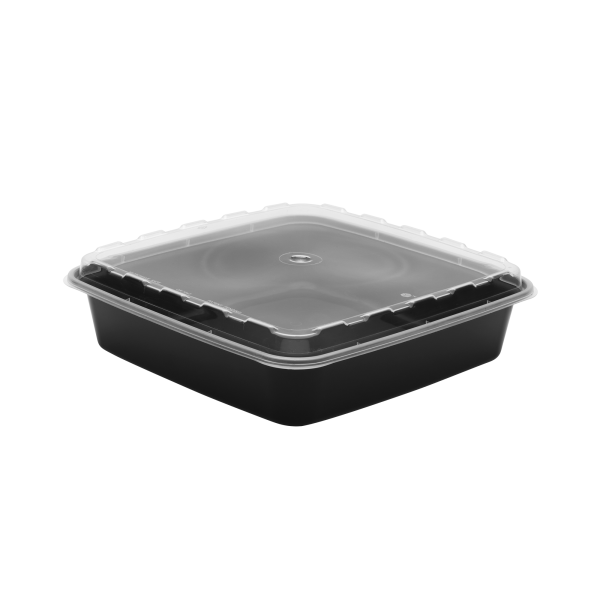 The 48oz Square is a black square plastic food container with a clear lid, displayed on a plain white background.