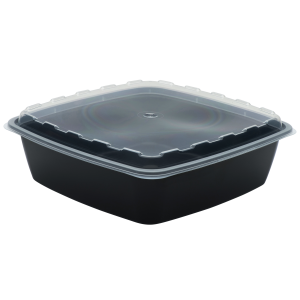 64oz Square black plastic food container with a clear snap-on lid, displayed against a white background.