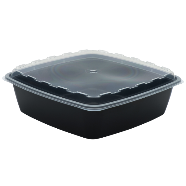 64oz Square black plastic food container with a clear snap-on lid, displayed against a white background.