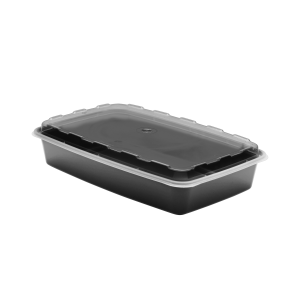 The 48oz Rectangle is a black plastic food container with a clear, fitted lid, displayed on a plain white background.