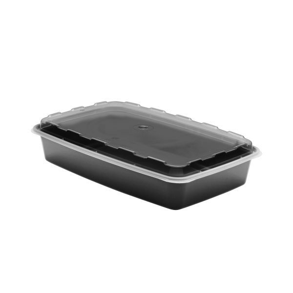 The 48oz Rectangle is a black plastic food container with a clear, fitted lid, displayed on a plain white background.