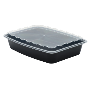 The 84oz Rectangle is a black plastic food container with a clear snap-on lid, displayed against a plain white background.