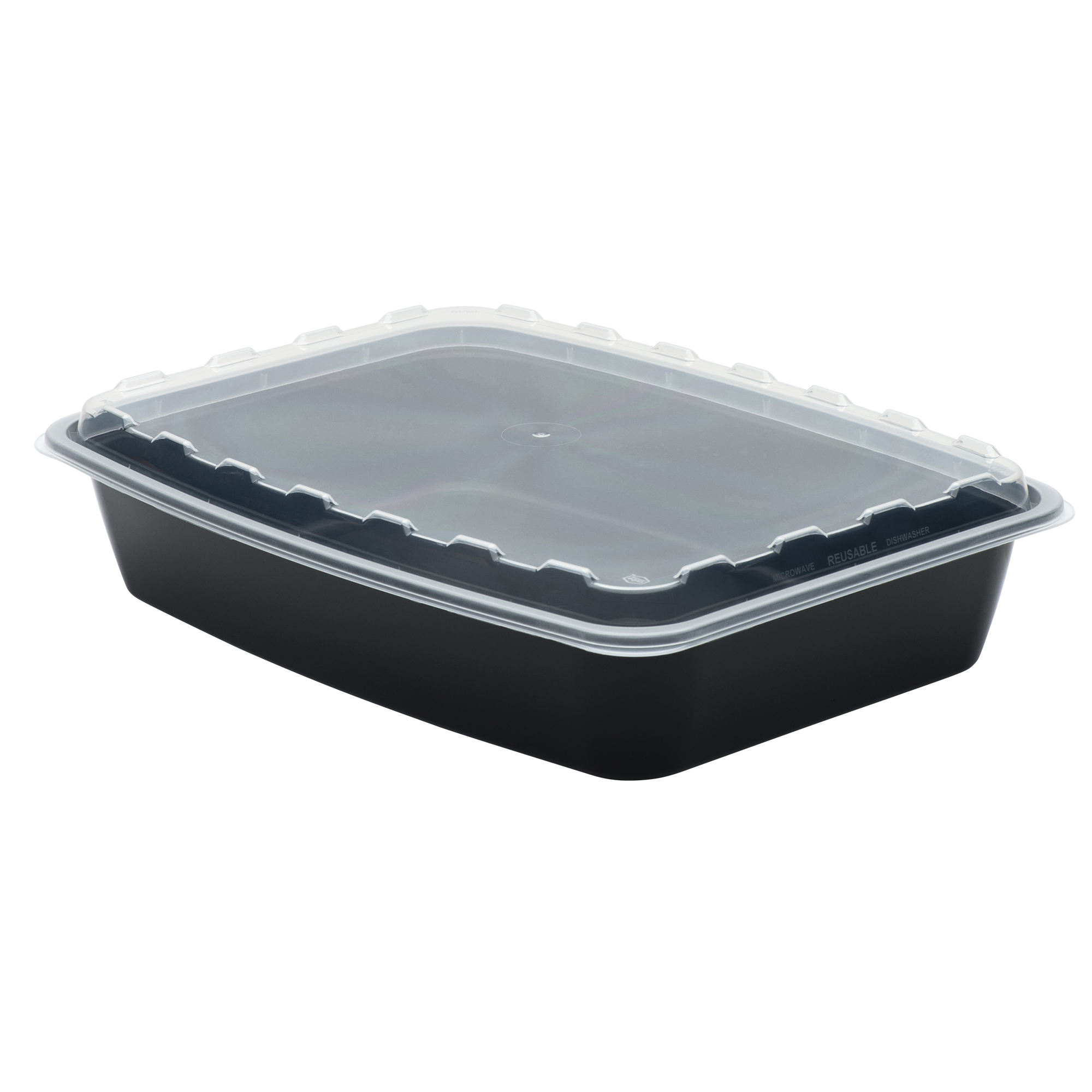 The 84oz Rectangle is a black plastic food container with a clear snap-on lid, displayed against a plain white background.