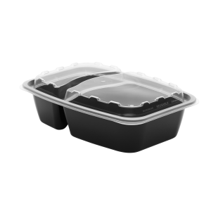 The 28oz Rectangle, 2-Compartment black plastic food container with a clear fitted lid is displayed on a white background.