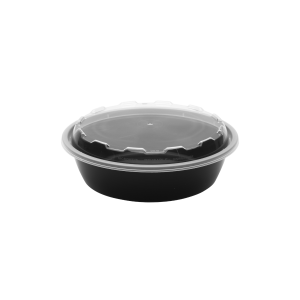The 24oz Round container features black plastic construction with a clear, round lid, displayed on a plain white background.