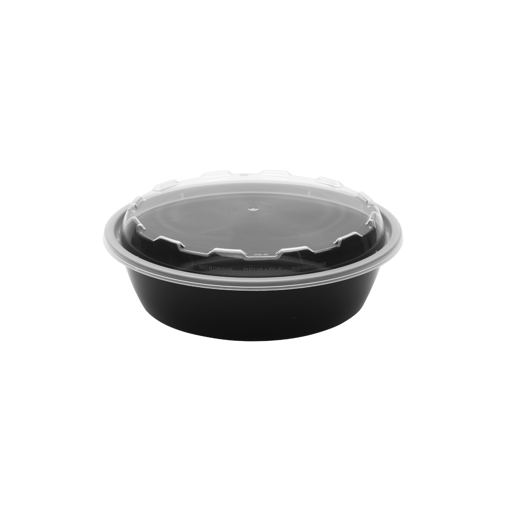 The 24oz Round container features black plastic construction with a clear, round lid, displayed on a plain white background.