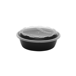 The 24oz Round Baseball food container, made of black plastic with a clear round lid, is displayed against a plain white background.