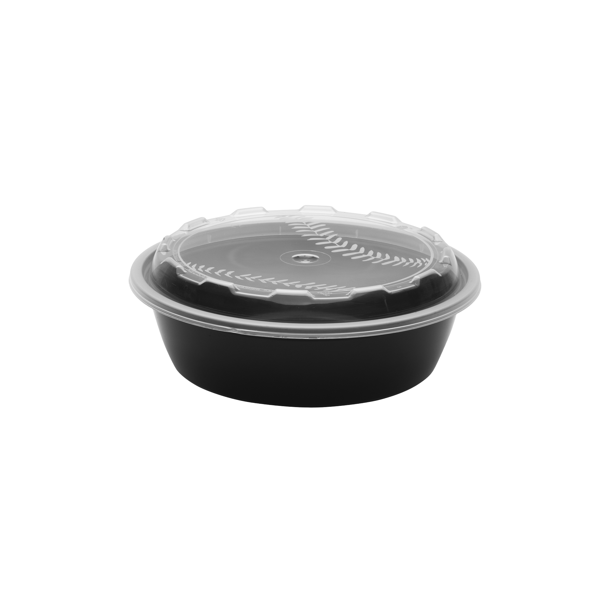 The 24oz Round Baseball food container, made of black plastic with a clear round lid, is displayed against a plain white background.