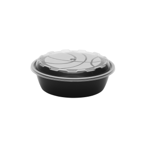 A 24oz Round Basketball black plastic food container with a clear domed lid, photographed on a plain white background.
