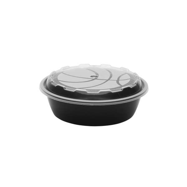 A 24oz Round Basketball black plastic food container with a clear domed lid, photographed on a plain white background.