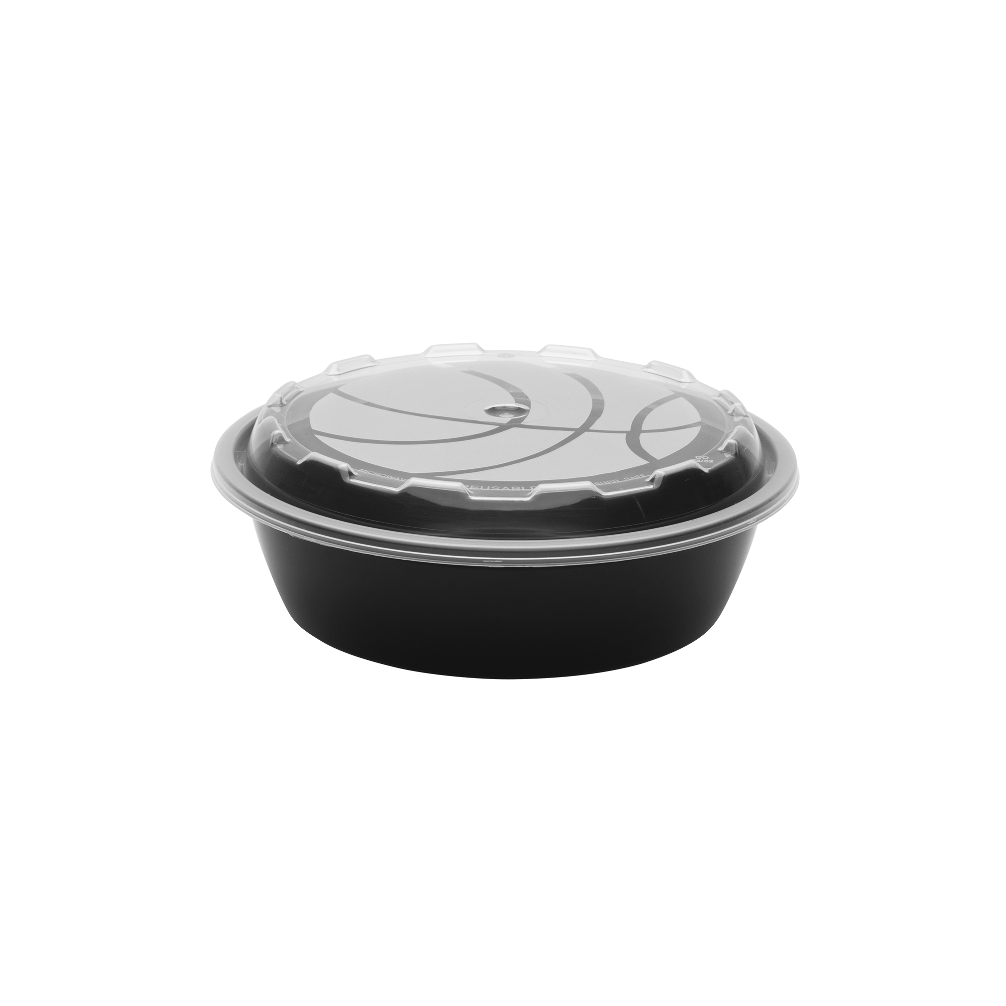 A 24oz Round Basketball black plastic food container with a clear domed lid, photographed on a plain white background.