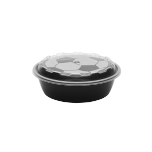 24oz Round Soccer black plastic food container with a clear, snap-on lid, shown on a plain white background.