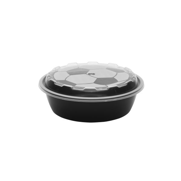 24oz Round Soccer black plastic food container with a clear, snap-on lid, shown on a plain white background.