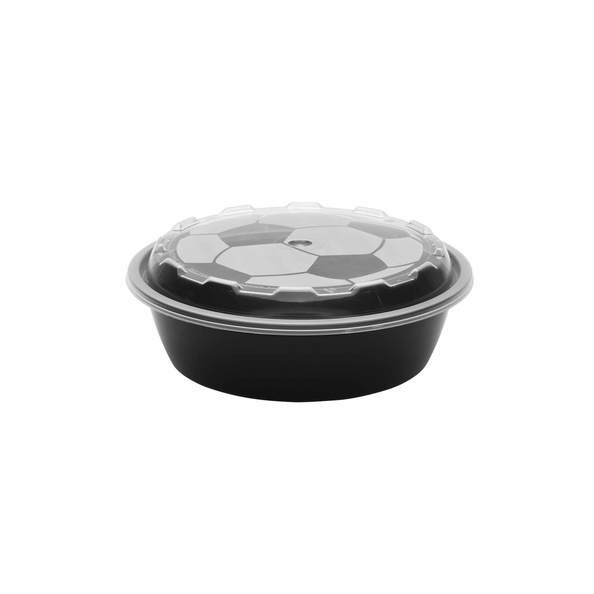 24oz Round Soccer black plastic food container with a clear, snap-on lid, shown on a plain white background.