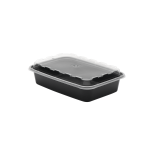 The 16oz Rectangle, a black plastic food container with a clear, fitted lid, is shown against a plain white background.