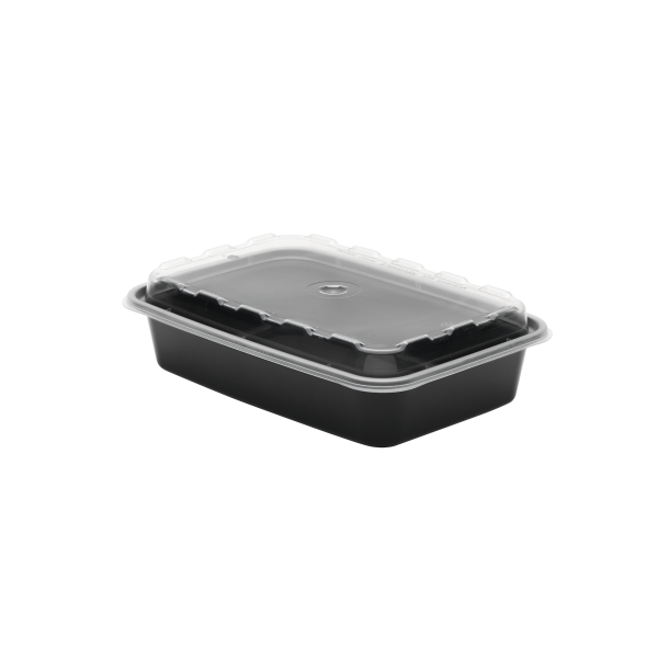 The 16oz Rectangle, a black plastic food container with a clear, fitted lid, is shown against a plain white background.