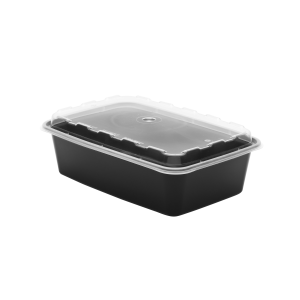 The 38oz Rectangle is a black plastic food container with a clear, fitted lid, shown against a plain white background.
