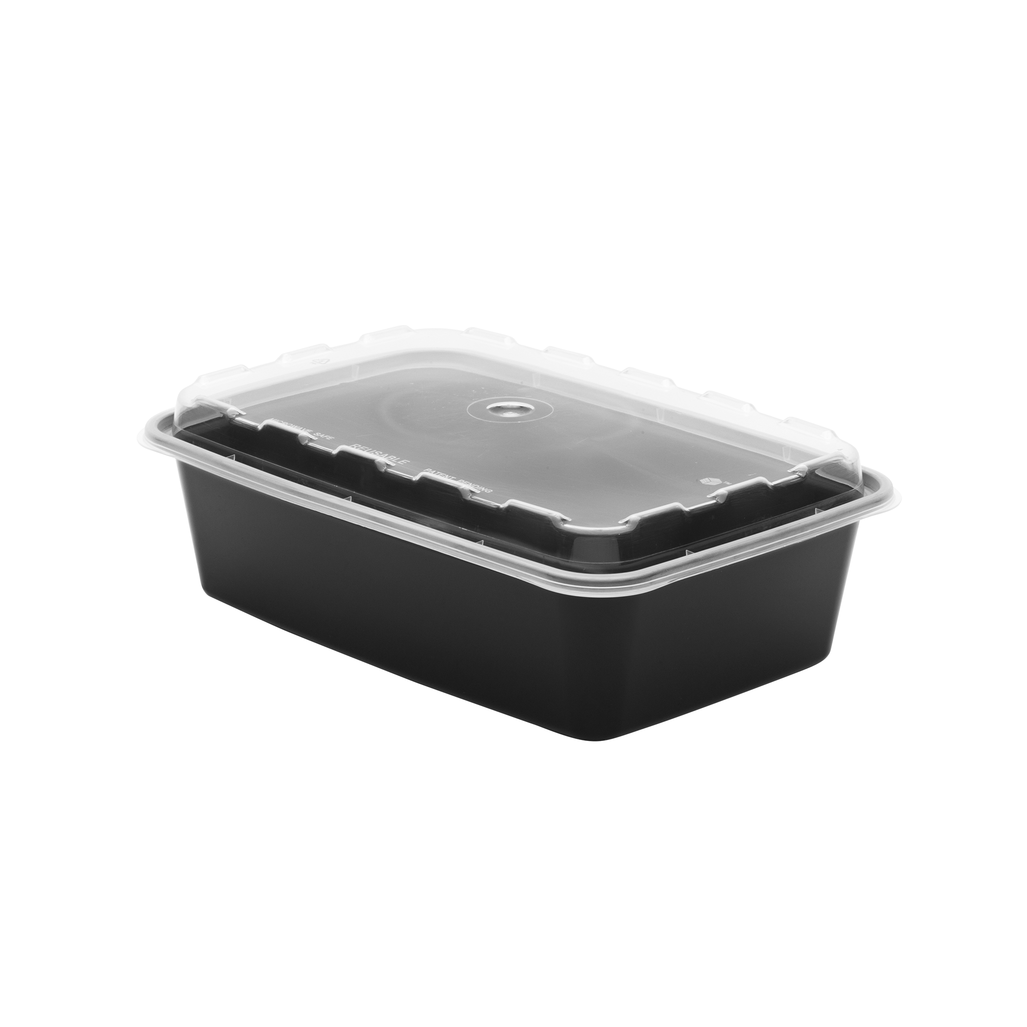 The 38oz Rectangle is a black plastic food container with a clear, fitted lid, shown against a plain white background.