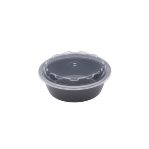 An 18oz Round black plastic food container with a clear lid is shown on a plain white background.
