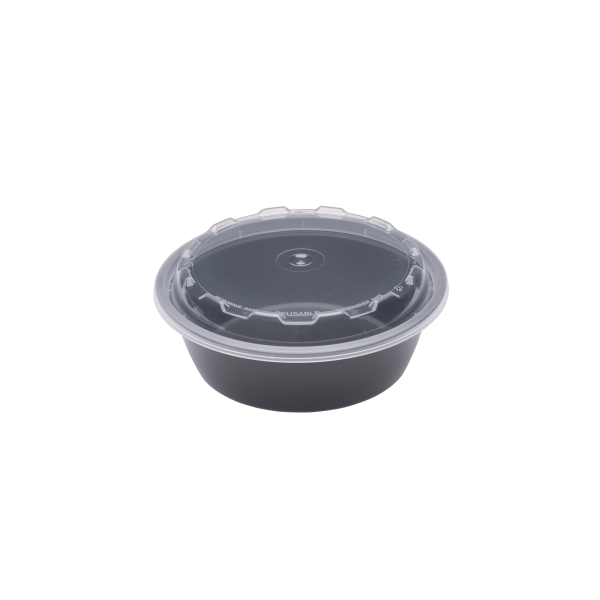 An 18oz Round black plastic food container with a clear lid is shown on a plain white background.