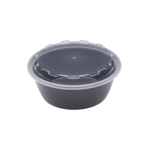 The 32oz Round black plastic food container with a clear, snap-on lid is displayed against a plain white background.