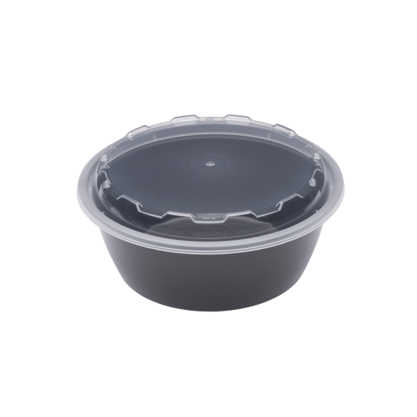 The 32oz Round black plastic food container with a clear, snap-on lid is displayed against a plain white background.