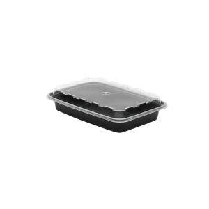 The 12oz Rectangle is a black plastic rectangular food container with a clear snap-on lid, shown on a plain white background.