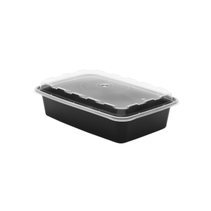 The 28oz Rectangle is a black plastic food container with a clear, fitted lid, shown on a plain white background.
