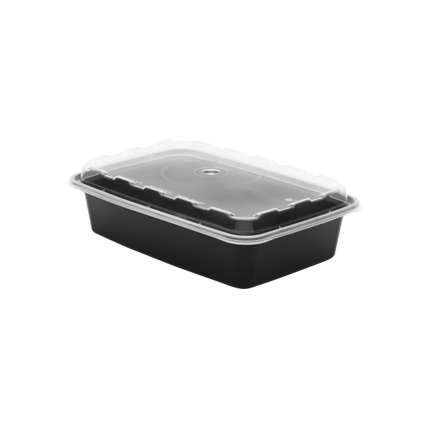 The 28oz Rectangle is a black plastic food container with a clear, fitted lid, shown on a plain white background.