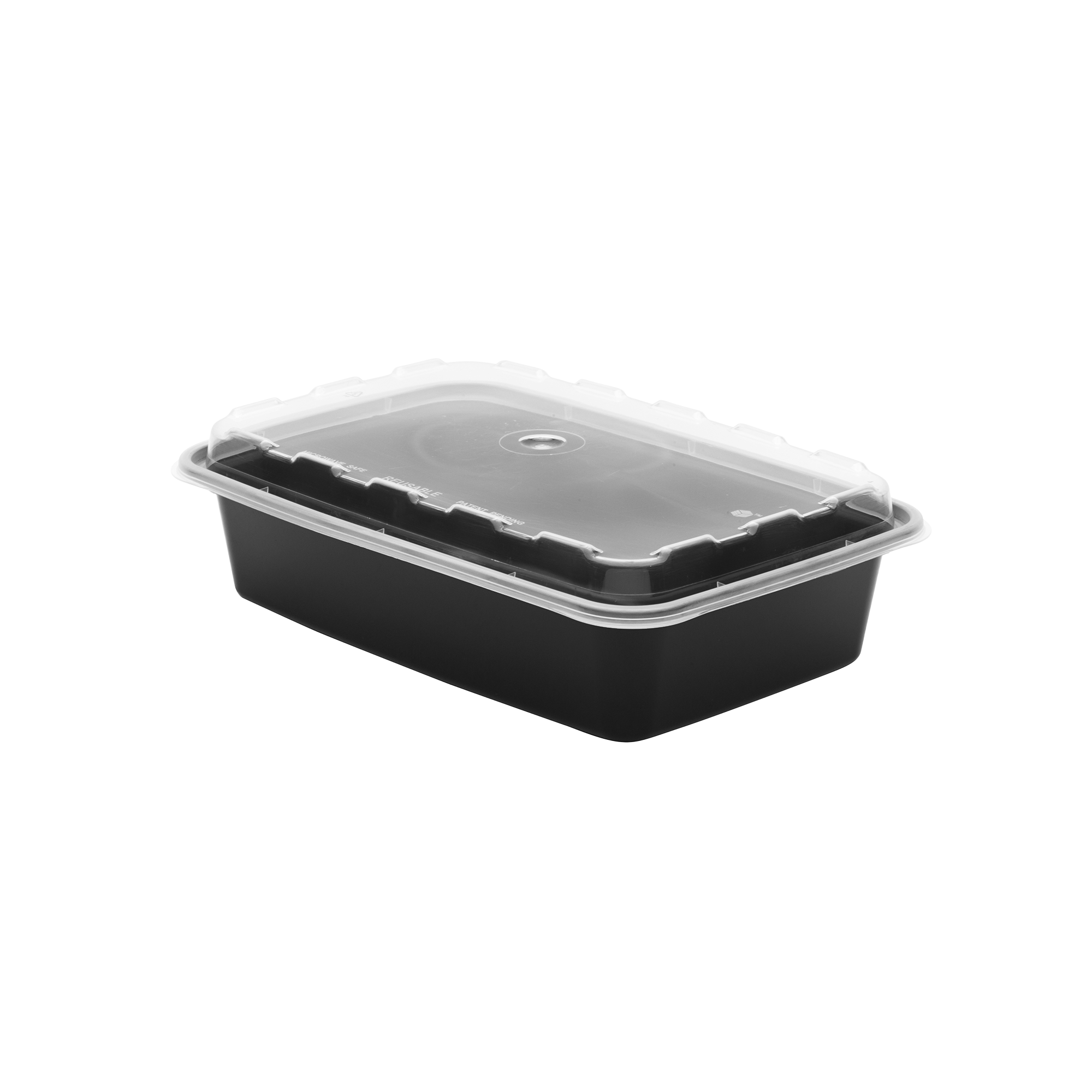 The 28oz Rectangle is a black plastic food container with a clear, fitted lid, shown on a plain white background.