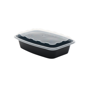 The 28oz Rectangle is a black plastic food container with a clear, fitted lid, pictured on a plain white background.