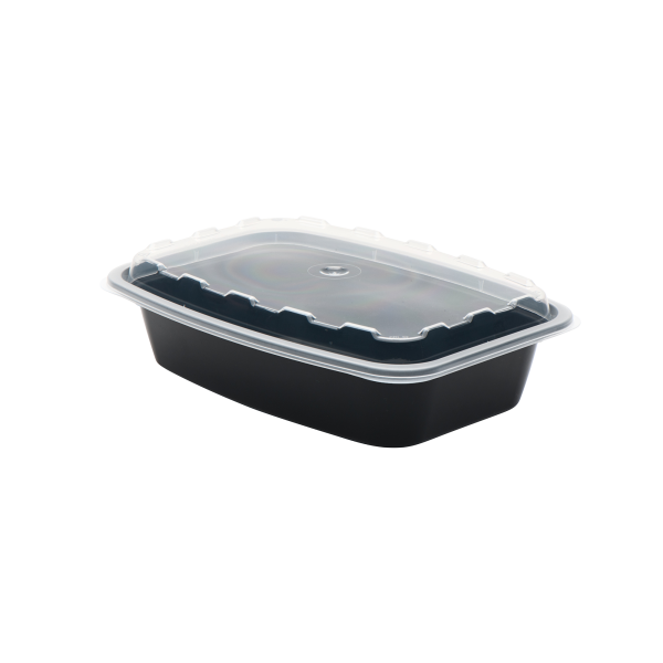 The 28oz Rectangle is a black plastic food container with a clear, fitted lid, pictured on a plain white background.