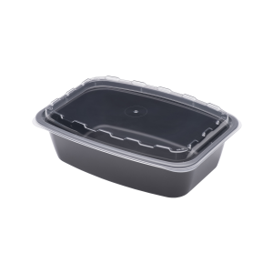 The 38oz Rectangle is a black plastic food container with a clear, snap-on lid, shown against a plain white background.