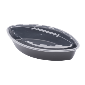 The 56oz Football is a plastic food container shaped like a football with a clear lid and a white laces design.