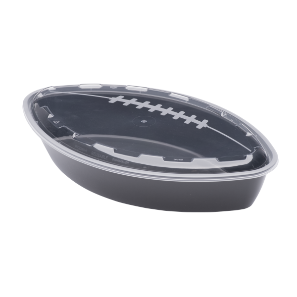 The 56oz Football is a plastic food container shaped like a football with a clear lid and a white laces design.