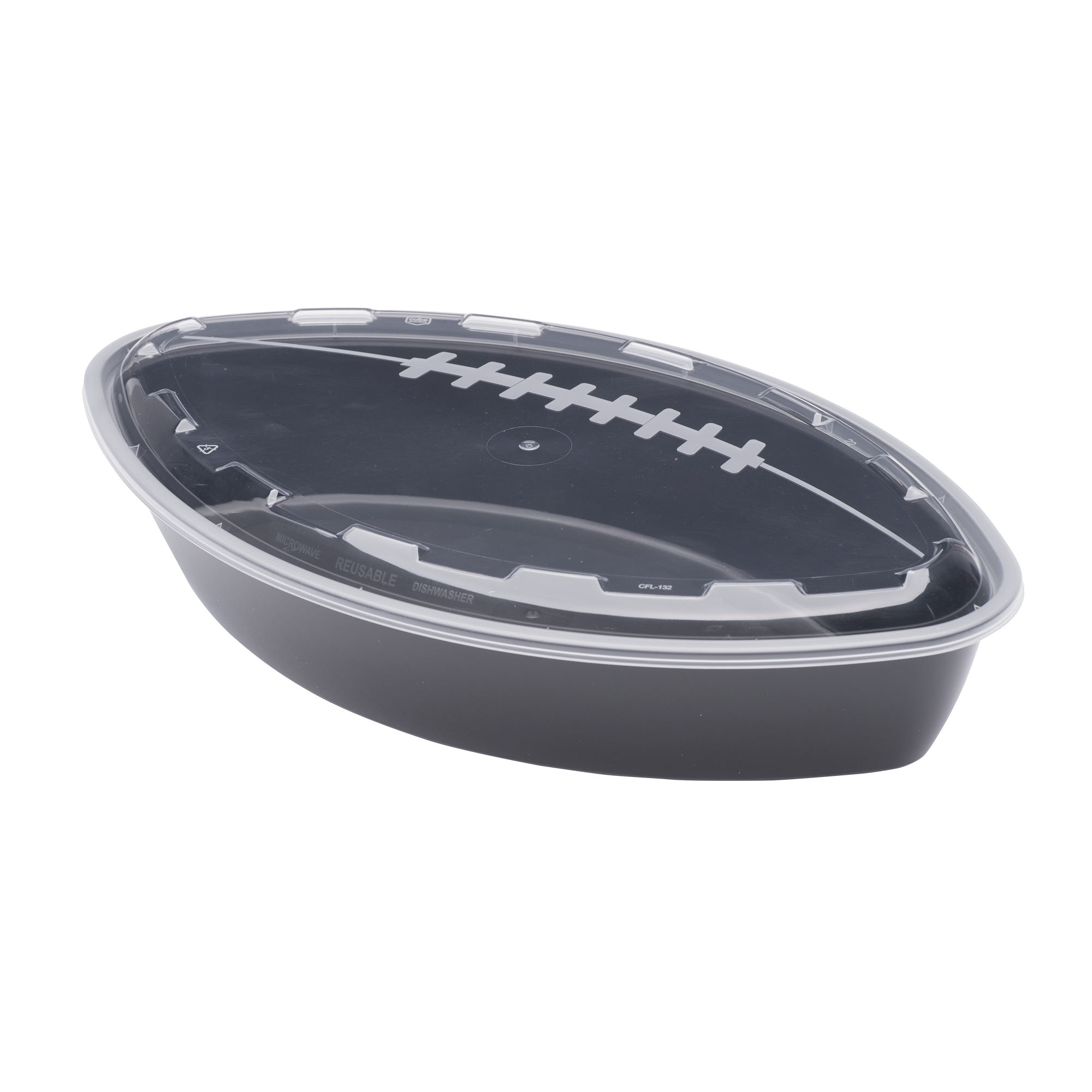 The 56oz Football is a plastic food container shaped like a football with a clear lid and a white laces design.