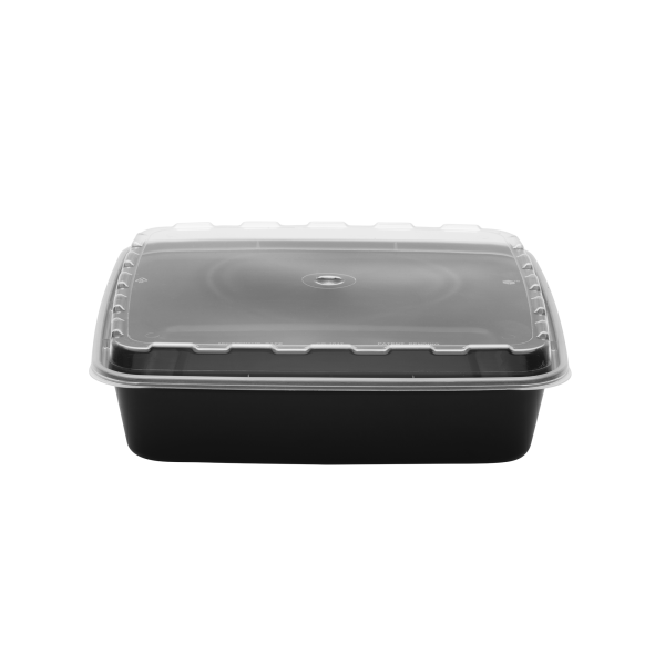 A 48oz Square black plastic food container with a transparent lid, shown against a plain white background.