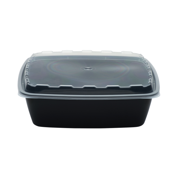 The 64oz Square is a black plastic food container with a clear, fitted lid, shown against a plain white background.