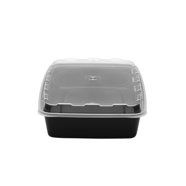 A 48oz Rectangle black plastic food container with a clear, snap-on lid is shown against a plain white background.