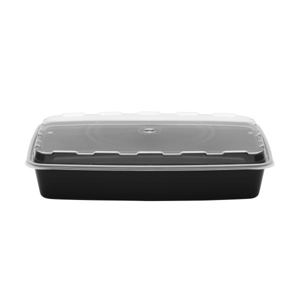 A 48oz Rectangle black plastic food container with a clear, fitted lid, displayed against a plain white background.