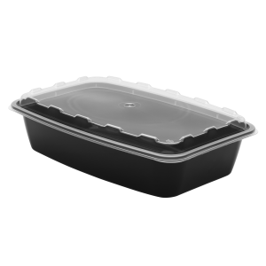 The 56oz Rectangle is a black plastic food container with a clear, fitted lid, shown against a plain white background.